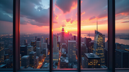 stunning cityscape view skyline sunset captured inside building showcasing vibrant colors urban