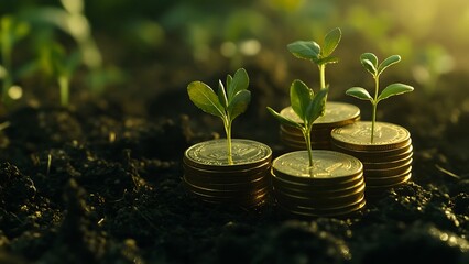 Financial Investment Growth Concept Stacked Gold Coins In Soil Green Plants Money Saving Wealth Economy