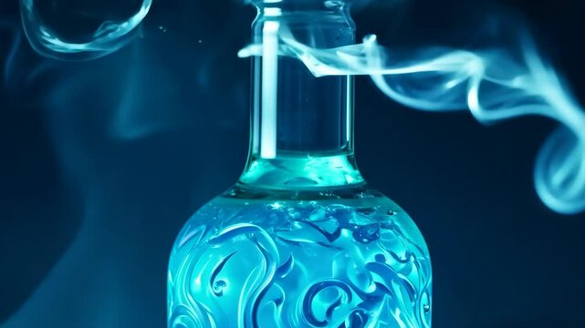 Mystical Elixir: A luminous potion bottle with swirling vapor in captivating blue tones