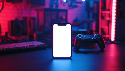 Cell phone mockup image blank white screen. Mobile phone on desk, gamepad
