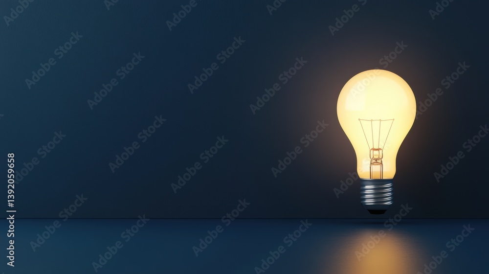 Poster bright light bulb casting soft glow against dark blue background in studio setting for creative idea