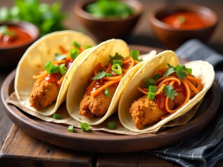 crispy chicken tacos with red sauce and fresh herbs on a wooden tray