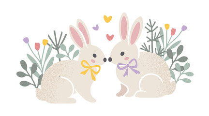 Two cute bunnies with bow ties in love, surrounded by hearts, greenery and butterflies, isolated on white background, vector illustration. Perfect for Valentine's Day, spring designs