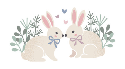 Two cute bunnies with bow ties in love, surrounded by hearts, greenery and butterflies, isolated on white background, vector illustration. Perfect for Valentine's Day, spring designs