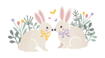 Two cute bunnies with bow ties in love, surrounded by hearts, greenery and butterflies, isolated on white background, vector illustration. Perfect for Valentine's Day, spring designs