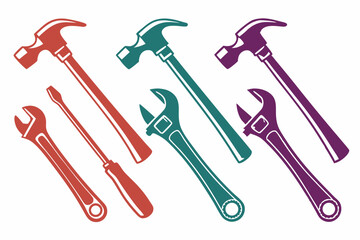 set of Hammer and Wrench silhouette vector illustration