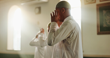 Fototapeta premium Religion, prayer and Muslim men in mosque, faith and peace for Palestine, spiritual belief or arabic culture. Islamic group, people or worship in holy temple and community solidarity with gratitude