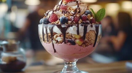 Desset bowl. All-in-one dessert plate with cream, fresh berries and fruits, granola, chocolate, crumble cookies