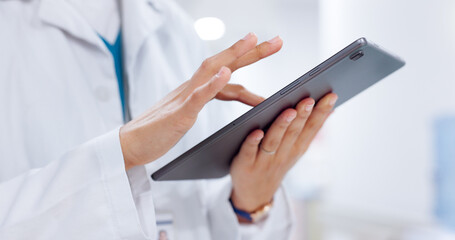 Scroll, tablet and hands of doctor in hospital for telehealth, medical service and research in clinic. Healthcare, wellness and person on digital tech for online diagnosis, report and patient results