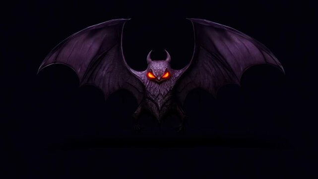 dark, menacing bat-like creature with glowing red eyes and large wings spread wide, creating an eerie and intimidating presence against a black background