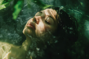 A woman free diving in an underwater cave, with rays of light filtering through the water's surface.