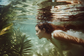 A woman free diving in an underwater cave, with rays of light filtering through the water's surface.