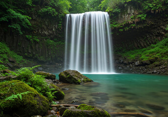 Obraz premium Majestic Waterfall Landscape Lush Greenery, Turquoise Water, Rocky Base, Nature's Beauty, Serene Scene.