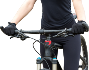 Girl on a mountain bike on offroad, beautiful portrait of a cyclist, Fitness girl rides a modern carbon fiber mountain bike in sportswear.