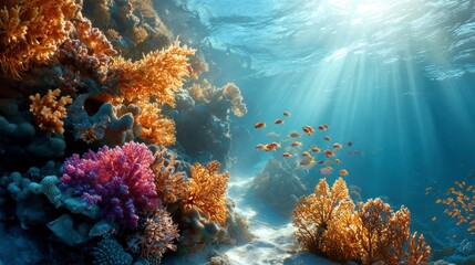 Obraz premium Exploring the Underwater Coral Reef with Fish and Sun Rays