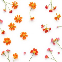 High-resolution image a vibrant ditsy print of small orange, red, and pink flowers arranged on a clean white background. 