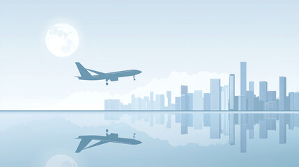 Airplane flying over the city skyline in clear sky