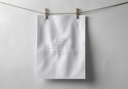 Hanging US Letter Paper Mockup with Clips and Shadows