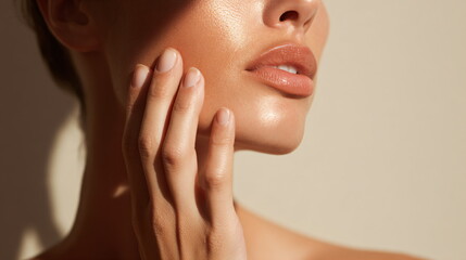 extreme closeup of a skincare model's fingers on her cheek