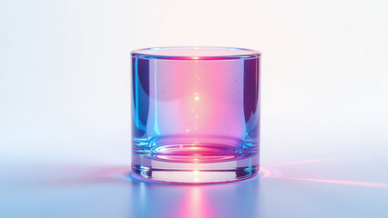 vibrant glass pedestal shines colorful glow reflecting light cylindrical shape isolated white background