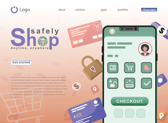 Mobile shopping app with secure checkout, secure payment Online shopping landing page