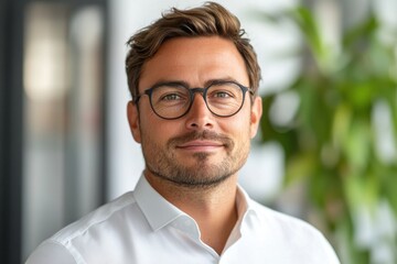 Confident man in glasses smiling subtly soft natural light blurred green background isolated on transparent background