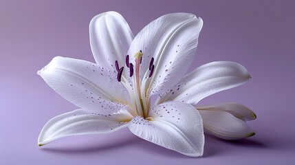 Fototapeta premium A pale lavender background with a single white lily in the corner. HD 8K mockup wallpaper Photographic Image