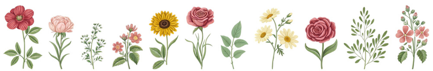 Fototapeta premium set flowers illustration digital drawing painting nature png isolated no background