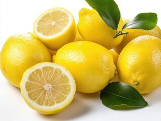 Bright and vibrant fresh lemons resting on a clean white background enhancing their inviting allure and zesty appeal