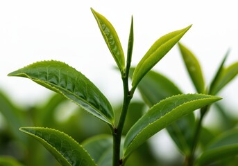 Obraz premium Green tea leaves vibrant fresh