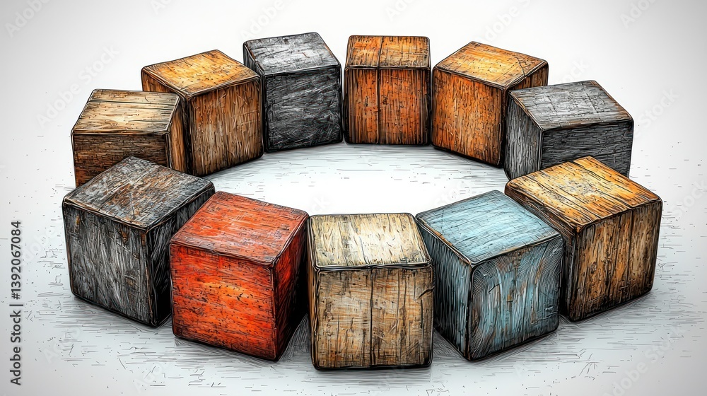 Poster circular arrangement of rustic wooden cubes: a study in texture and form