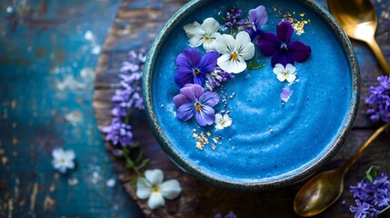 Vibrant blue smoothie bowl with edible flowers on rustic table setting