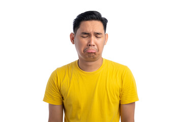Obraz premium Unhappy Asian man crying with sad and depressed expression isolated on transparent background. Mental health concept