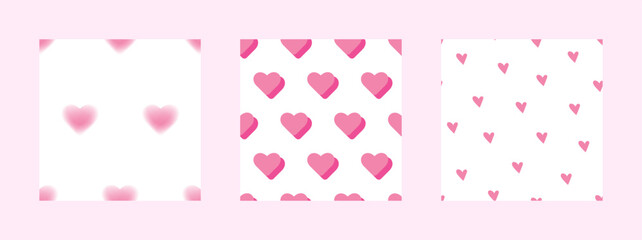 Set of seamless patterns with pink hearts. Collection of backgrounds with hearts in 80-90s style. Blurry, tiny and volumetric hearts. Girly style, coquette. Good for cover design, surfaces, textile