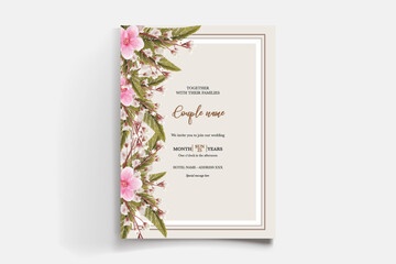 WEDDING INVITATION FRAME WITH FLOWER DECORATIONS AND FRESH LEAVES