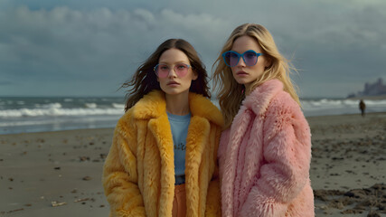 Two Women in Fluffy Candy Colored Coats on the Beach