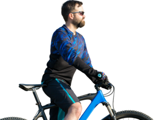 Cyclist in shorts and jersey on a modern carbon hardtail bike with an air suspension fork