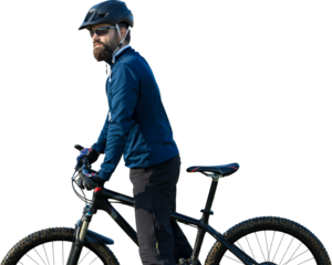 Cyclist in shorts and jersey on a modern carbon hardtail bike with an air suspension fork