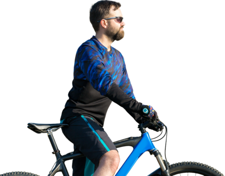 Cyclist in shorts and jersey on a modern carbon hardtail bike with an air suspension fork