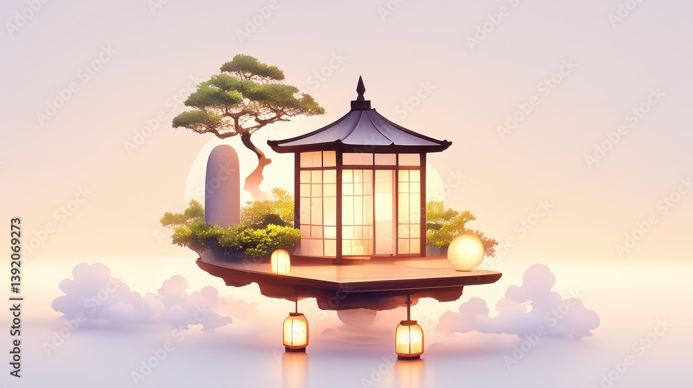 Poster a serene floating structure with a traditional design, surrounded by greenery and lanterns, set agai