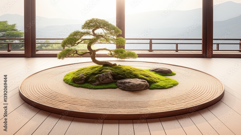 Poster a serene indoor scene featuring a bonsai tree surrounded by moss and rocks, set against large window
