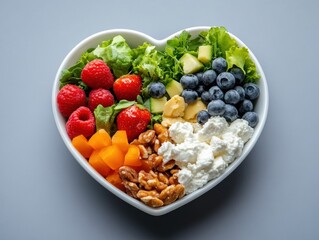 Delightful heart-shaped bowl filled with vibrant healthy diet food featuring fresh fruits and greens