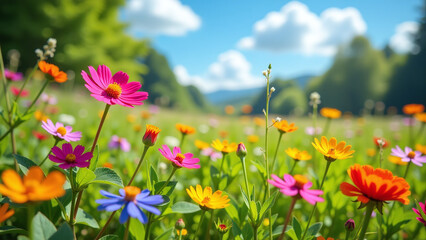 Naklejka premium vibrant wildflowers bloom meadow bright sunny day surrounded lush greenery colorful