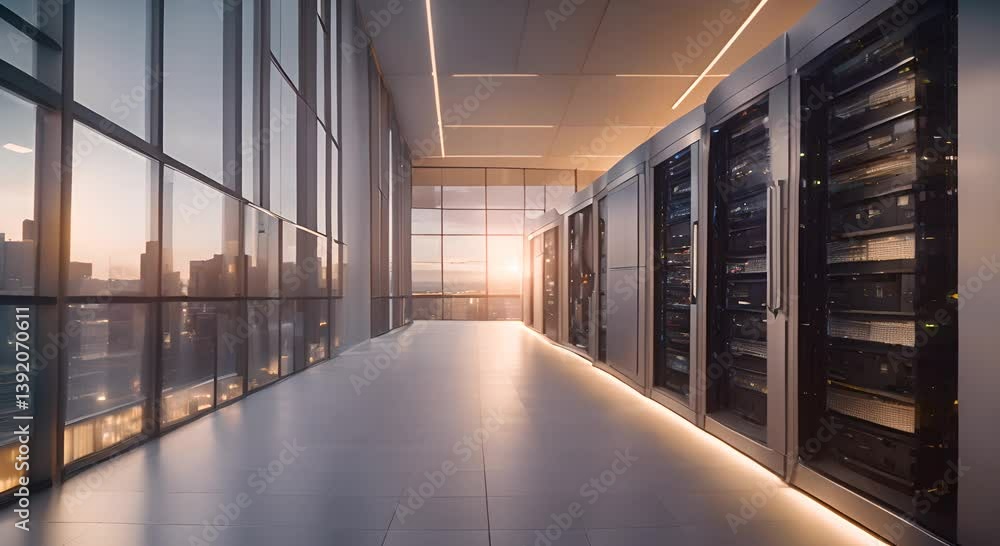Poster exploring a high tech data center in downtown during late afternoon hours 4k