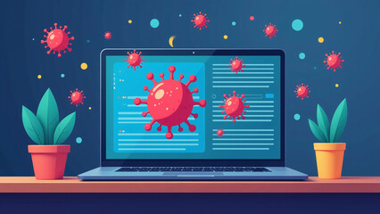 virus detection scans laptop malware bugs triggering antivirus alerts flat cartoon vector icons digital emergency