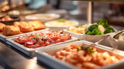 Obraz premium A buffet line with various dishes including shrimp, broccoli, potatoes, and other food items