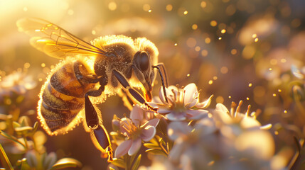 Abeja sobre flor blanca iluminada por luz dorada. - obrazy, fototapety, plakaty