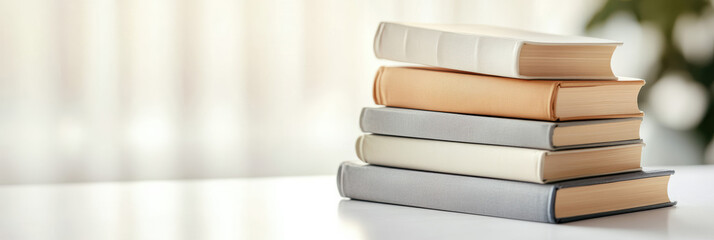 A pile of modern hardcover books in neutral tones sits on a pristine surface. Ideal for minimalist literature spaces, these books encapsulate simplicity and elegance in design.
