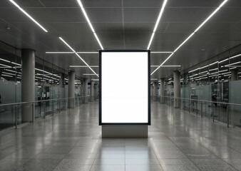 Fototapeta premium Modern Digital Billboard in Futuristic Glass Hallway, Realistic 3D mock-up of vertical ads banner, Large blank billboard, Blank vertical advertising mockup in contemporary interiors 