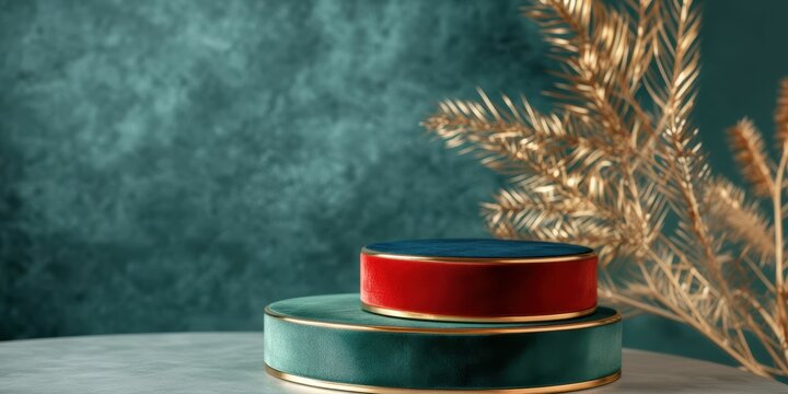 A luxurious jewel-toned podium adorned in emerald, sapphire, and ruby hues. Its velvet base and gold trim exude elegance, making it ideal for sophisticated displays.